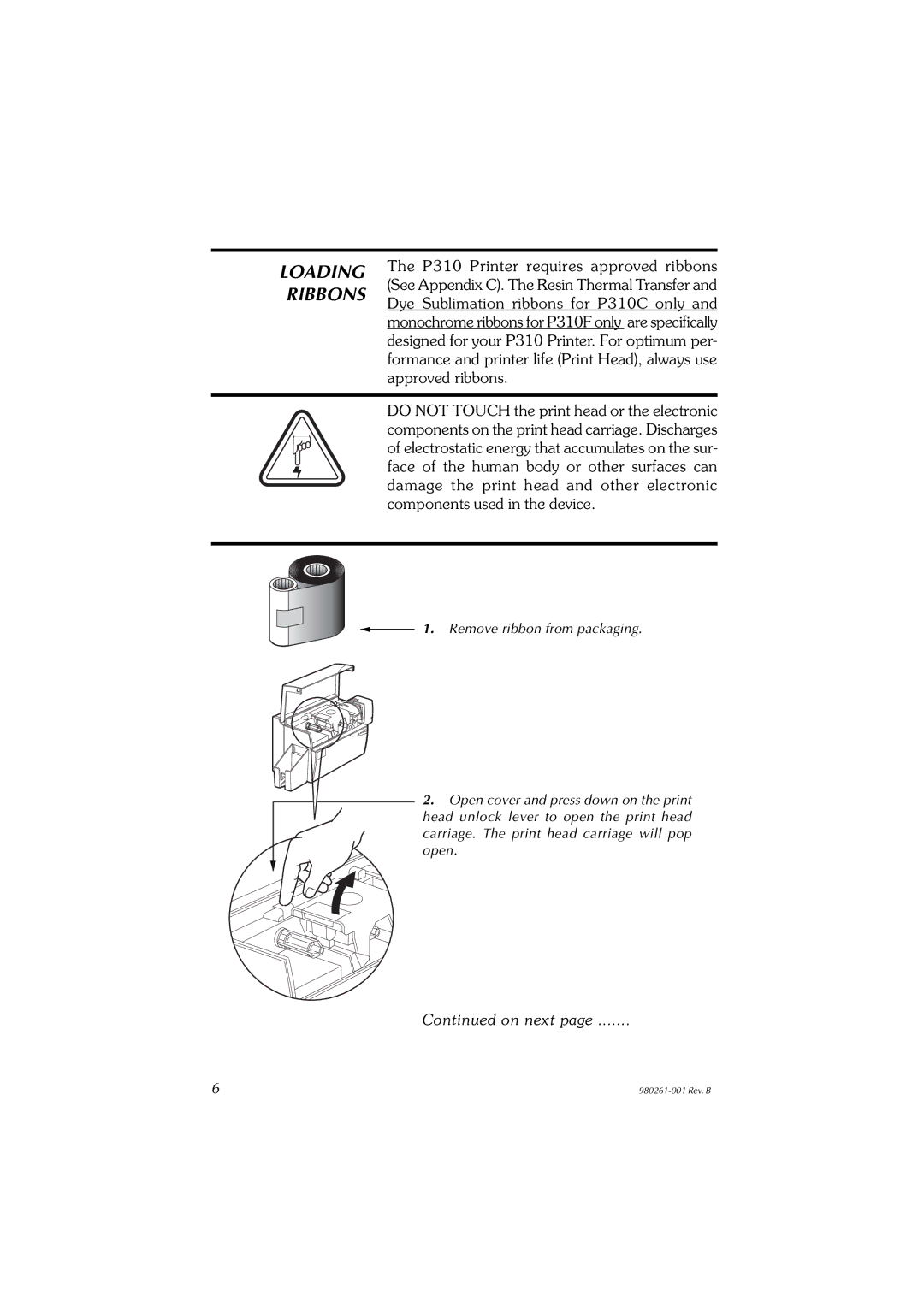 Zebra Technologies P310F, P310C user manual Loading, Ribbons 