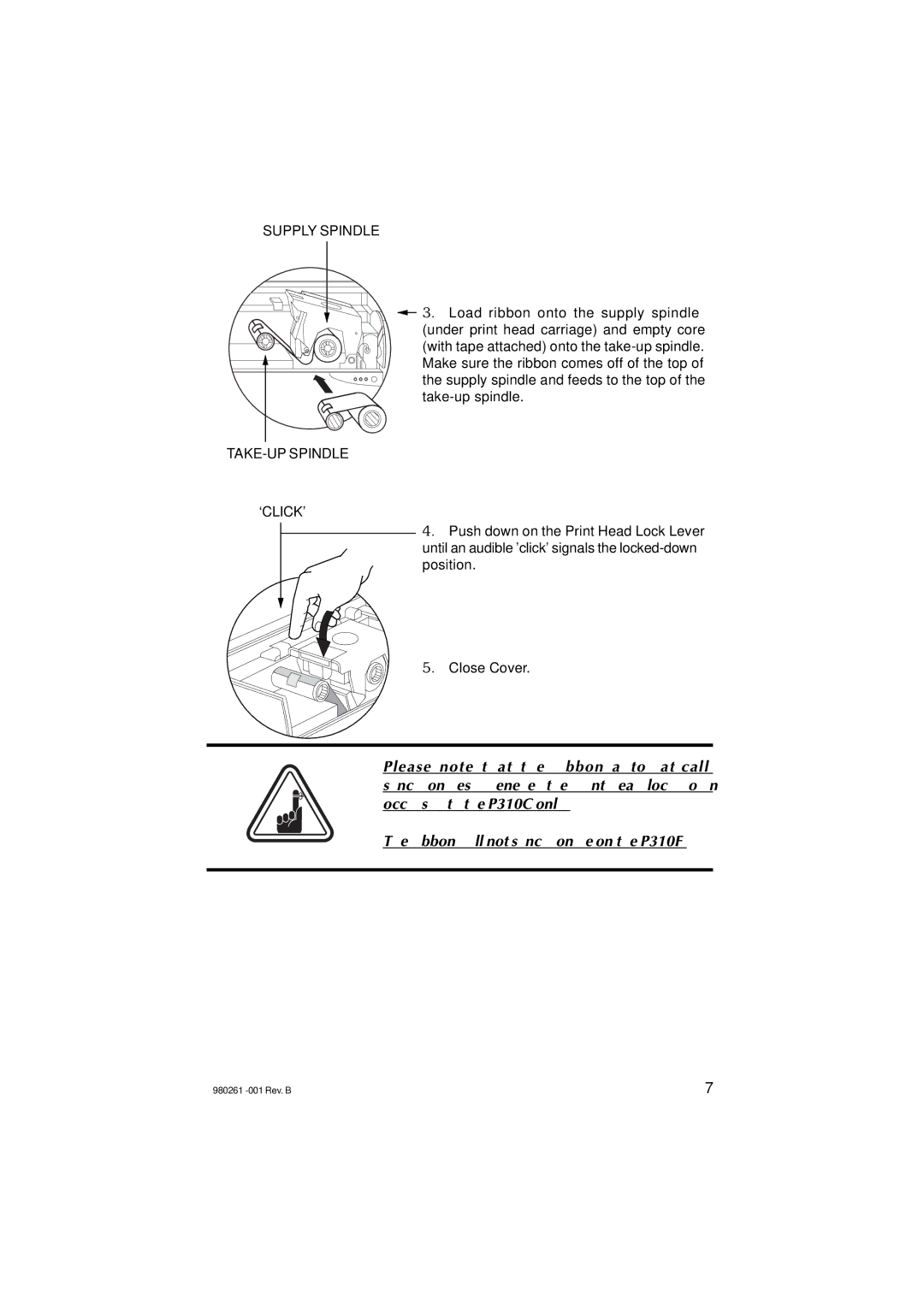 Zebra Technologies P310C, P310F user manual Supply Spindle, TAKE-UP Spindle `CLICK 