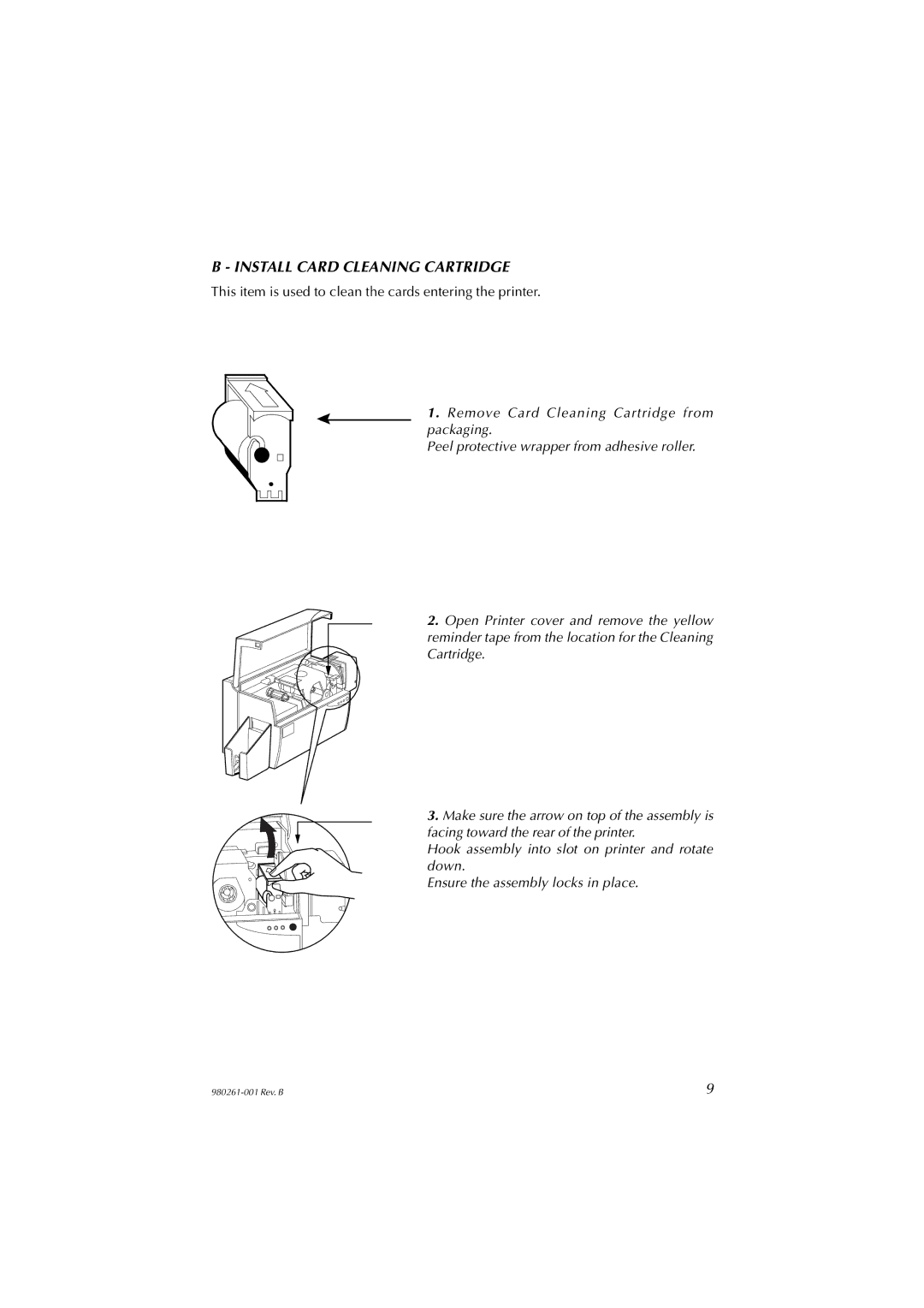 Zebra Technologies P310C, P310F user manual Install Card Cleaning Cartridge 