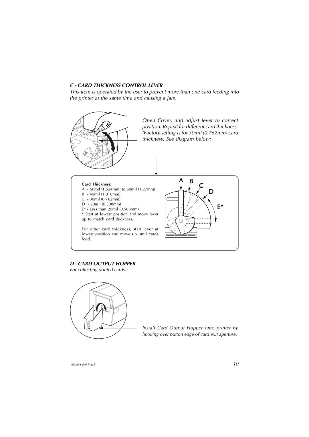 Zebra Technologies P310F, P310C user manual Card Thickness Control Lever, Card Output Hopper 