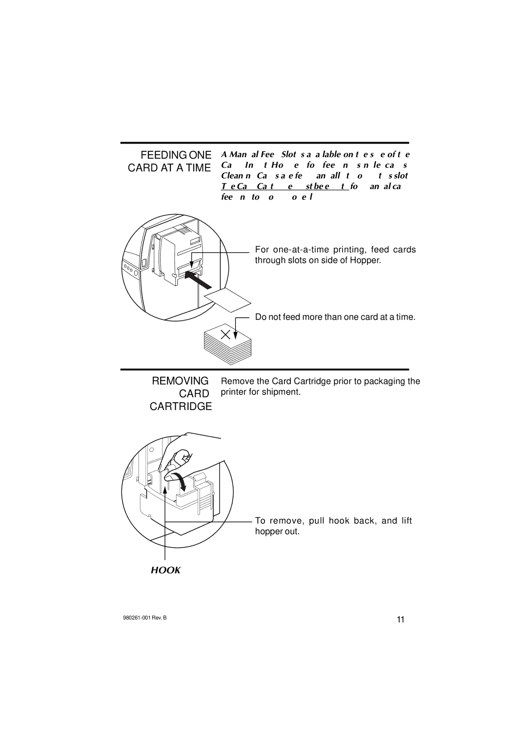 Zebra Technologies P310C, P310F user manual Removing, Feeding ONE Card AT a Time, Cartridge, Hook 