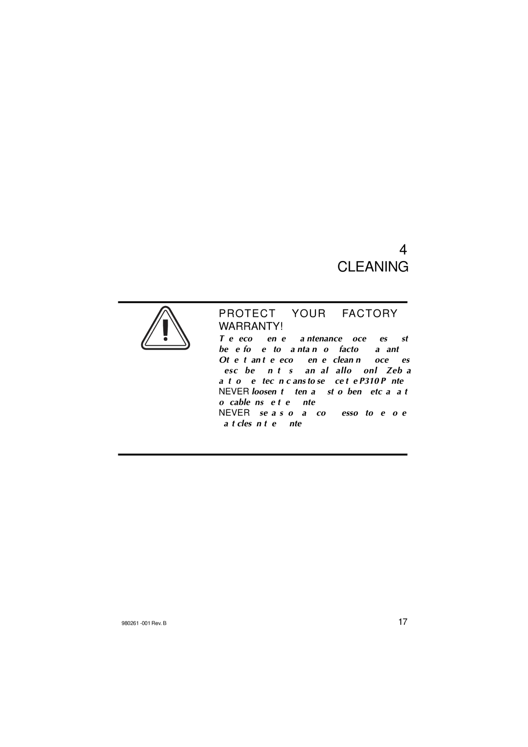 Zebra Technologies P310C, P310F user manual Cleaning, Protect Your Factory Warranty 