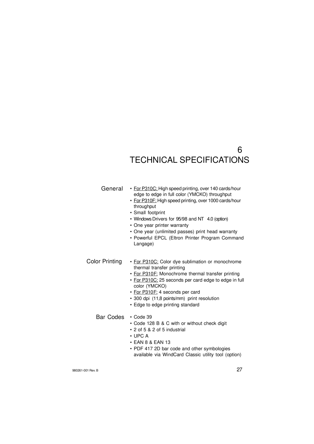 Zebra Technologies P310C, P310F user manual Technical Specifications, ∙ UPC a 