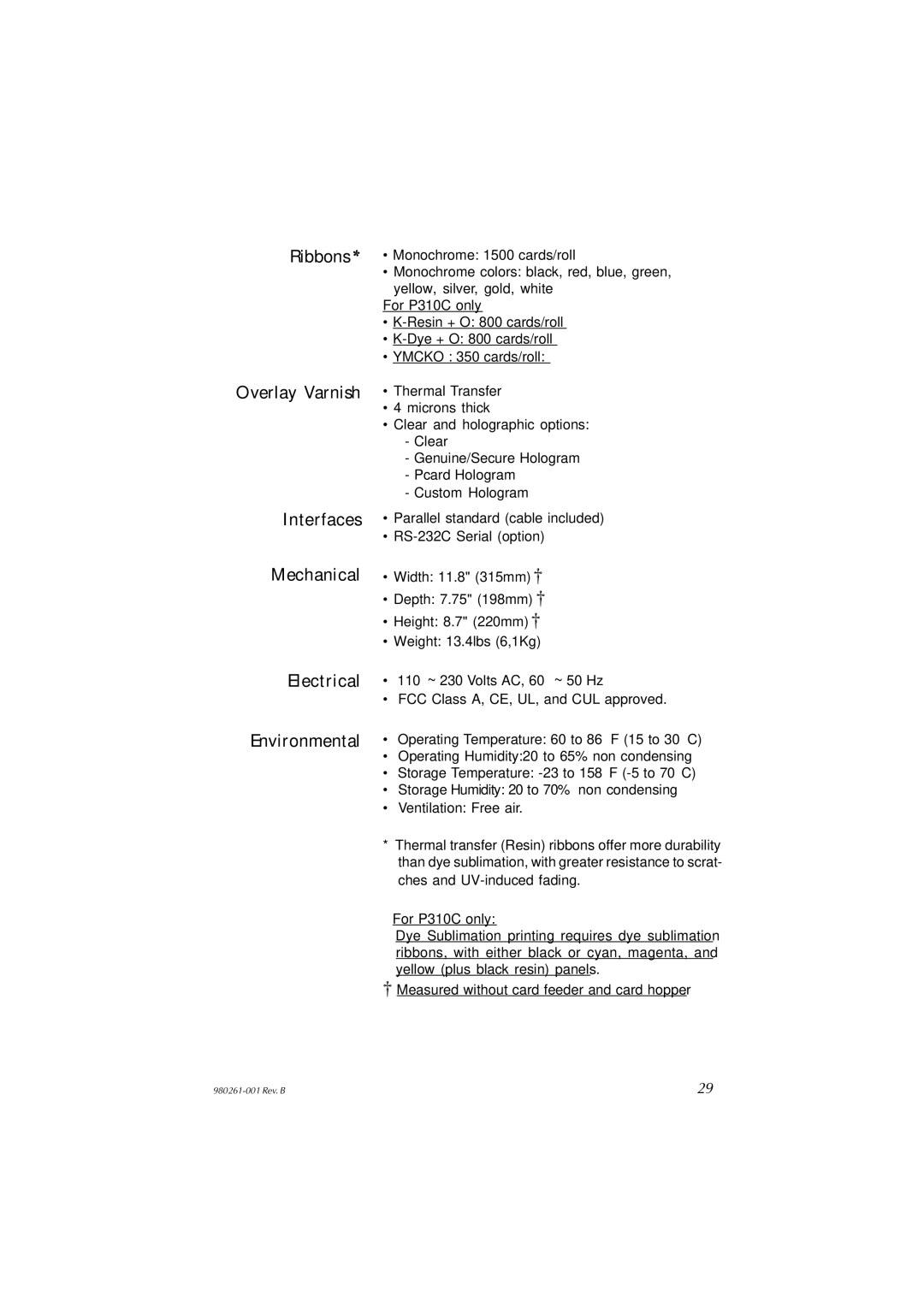 Zebra Technologies P310C, P310F user manual 980261-001 Rev. B 