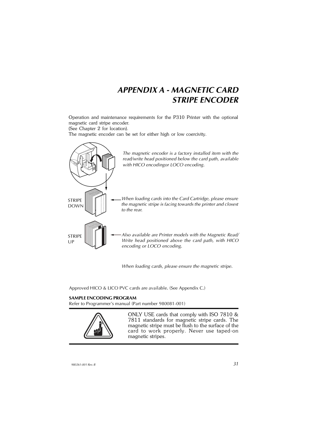 Zebra Technologies P310C, P310F user manual Appendix a Magnetic Card Stripe Encoder, Stripe Down, Sample Encoding Program 