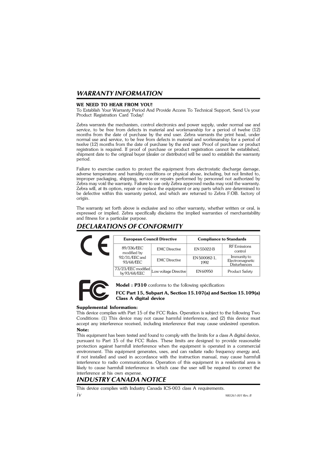 Zebra Technologies P310F, P310C user manual Warranty Information, Declarations of Conformity, Industry Canada Notice 