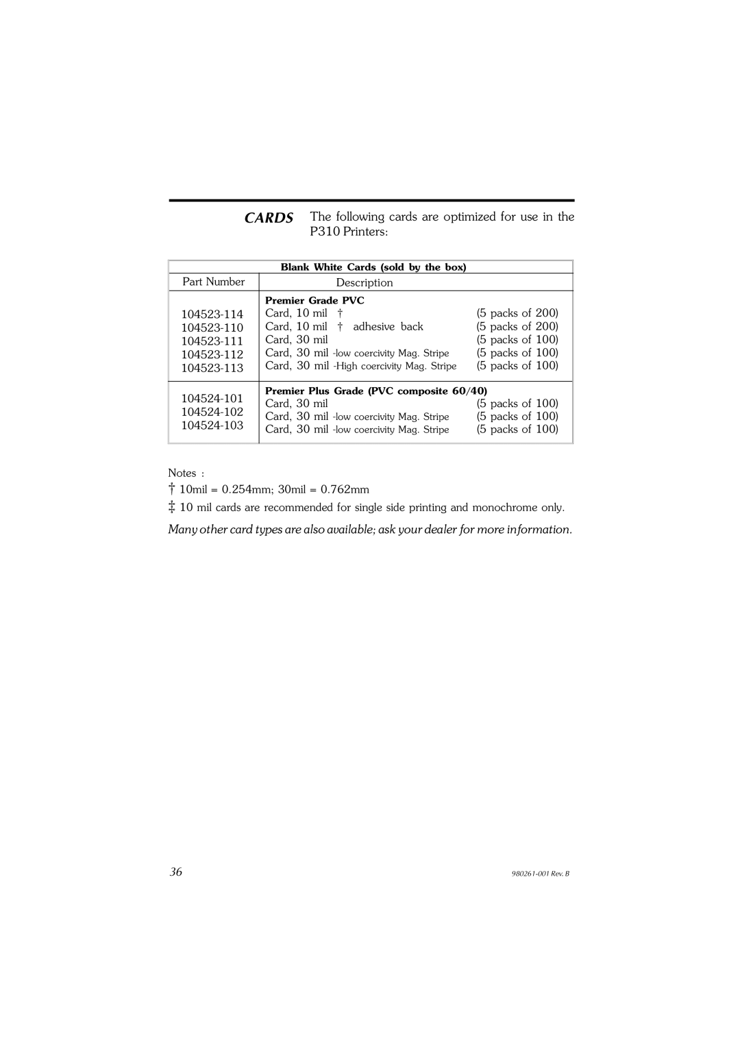 Zebra Technologies P310F, P310C user manual Part Number Description 