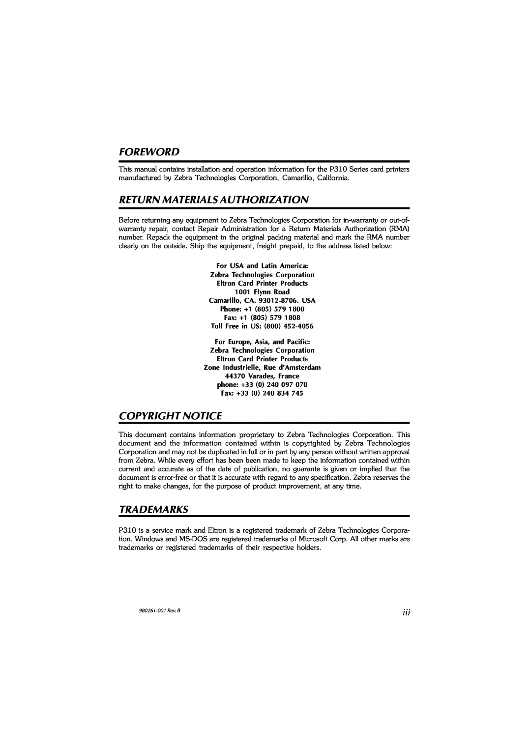 Zebra Technologies P310C, P310F user manual Foreword, Return Materials Authorization, Copyright Notice, Trademarks 