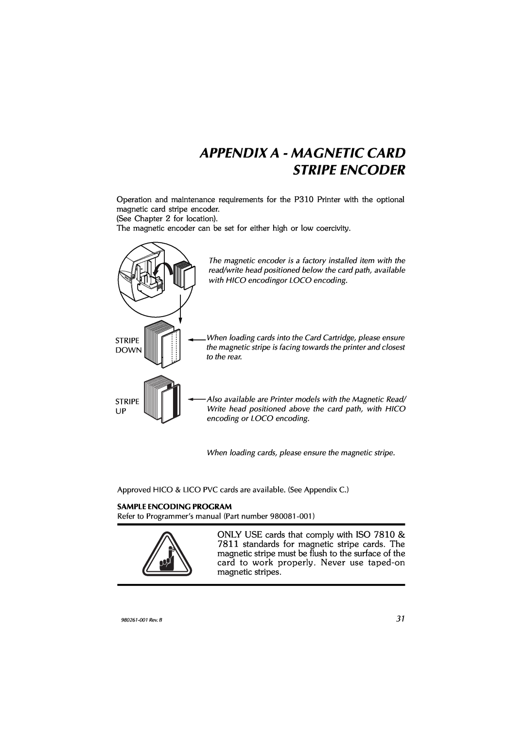 Zebra Technologies P310C, P310F user manual Appendix A - Magnetic Card Stripe Encoder 