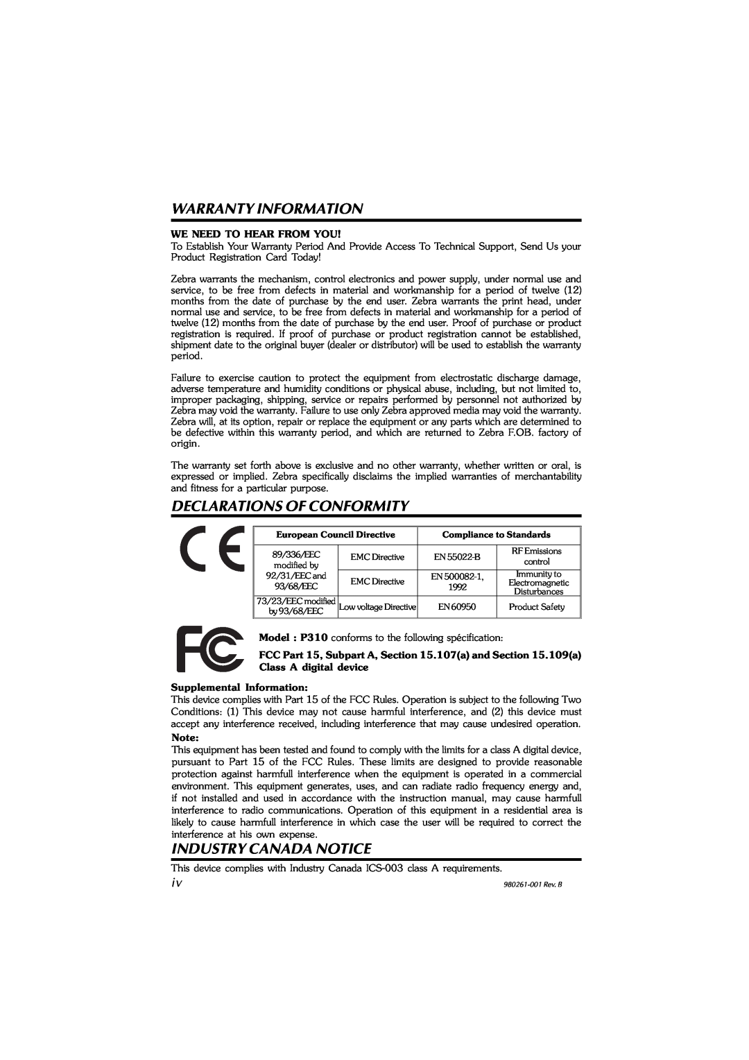 Zebra Technologies P310F, P310C user manual Warranty Information, Declarations Of Conformity, Industry Canada Notice 