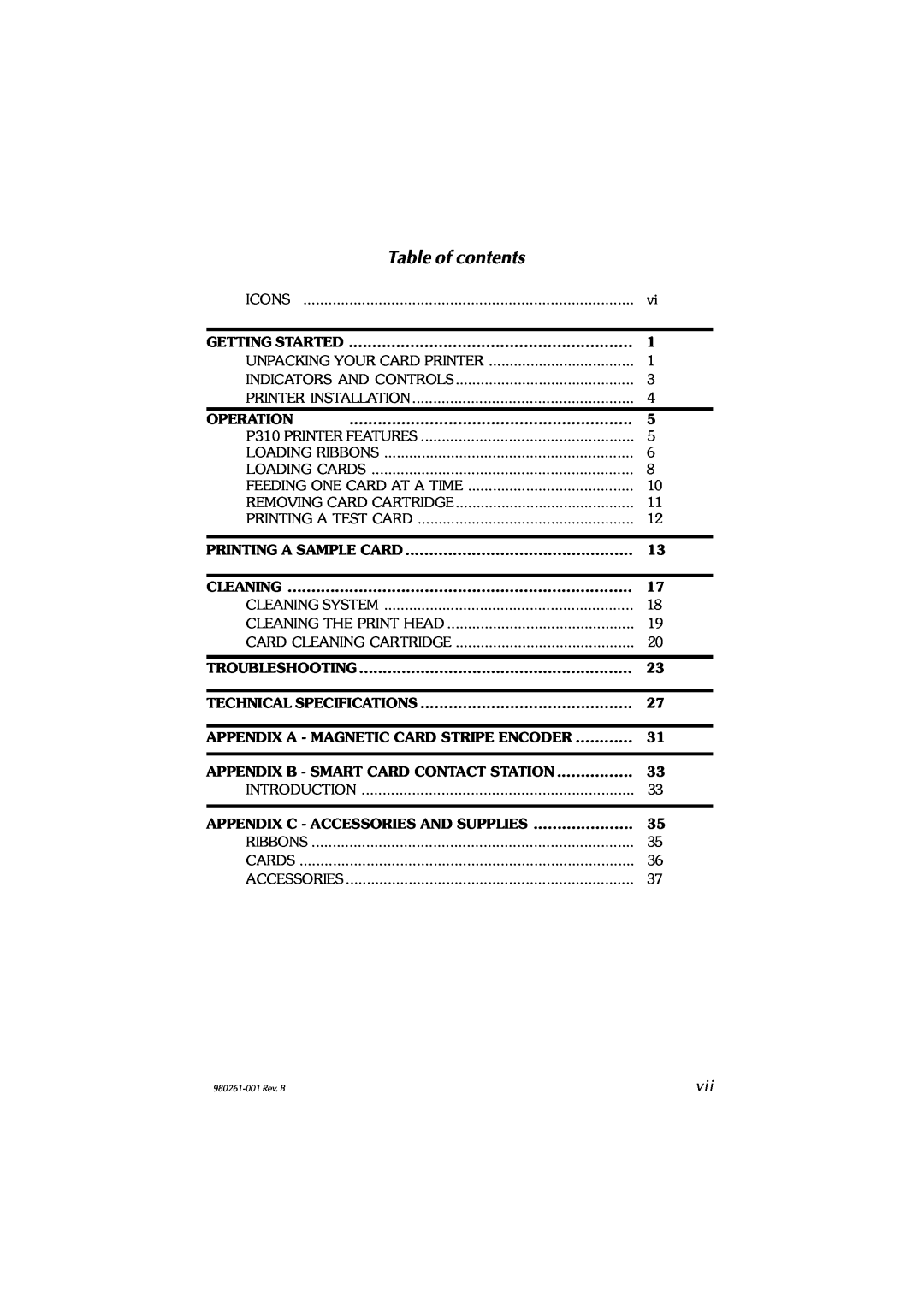 Zebra Technologies P310C, P310F user manual Table of contents 