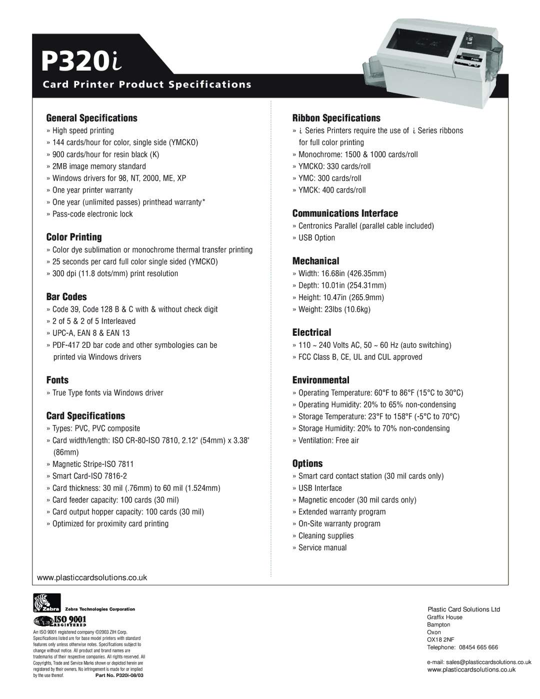 Zebra Technologies P320 General Specifications, Color Printing, Bar Codes, Fonts, Card Specifications, Mechanical, Options 