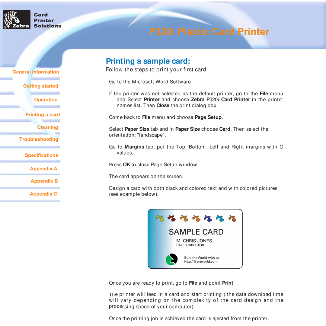 Zebra Technologies P320i user manual Printing a sample card 