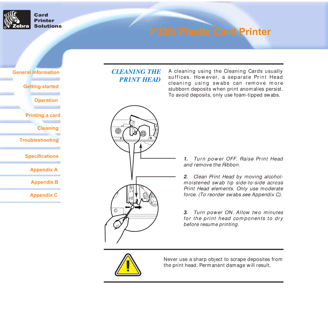 Zebra Technologies P320i user manual Cleaning the Print Head 