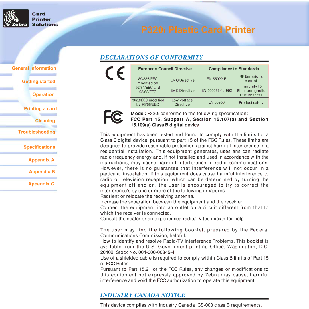 Zebra Technologies P320i user manual Declarations of Conformity, Industry Canada Notice 