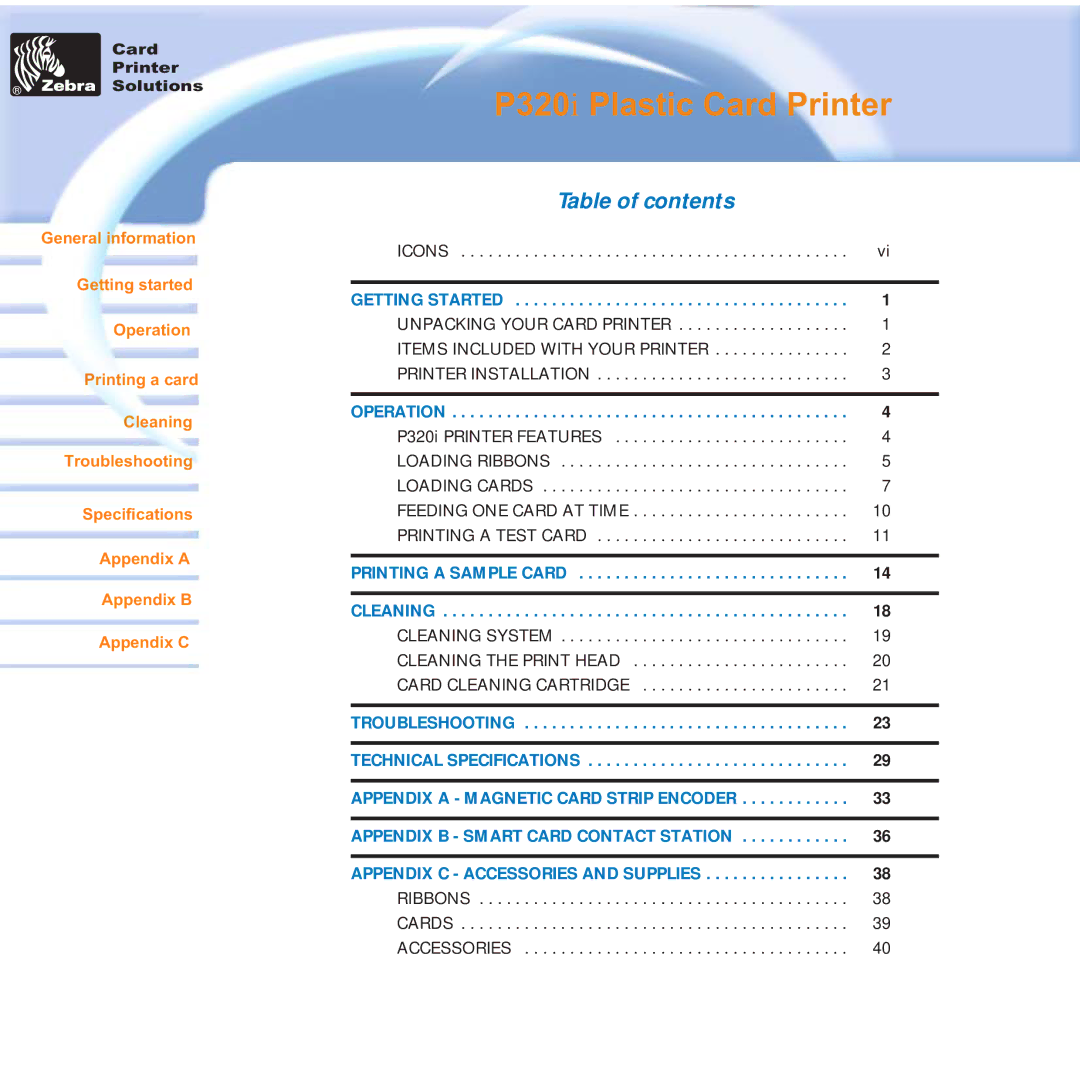 Zebra Technologies P320i user manual Table of contents 