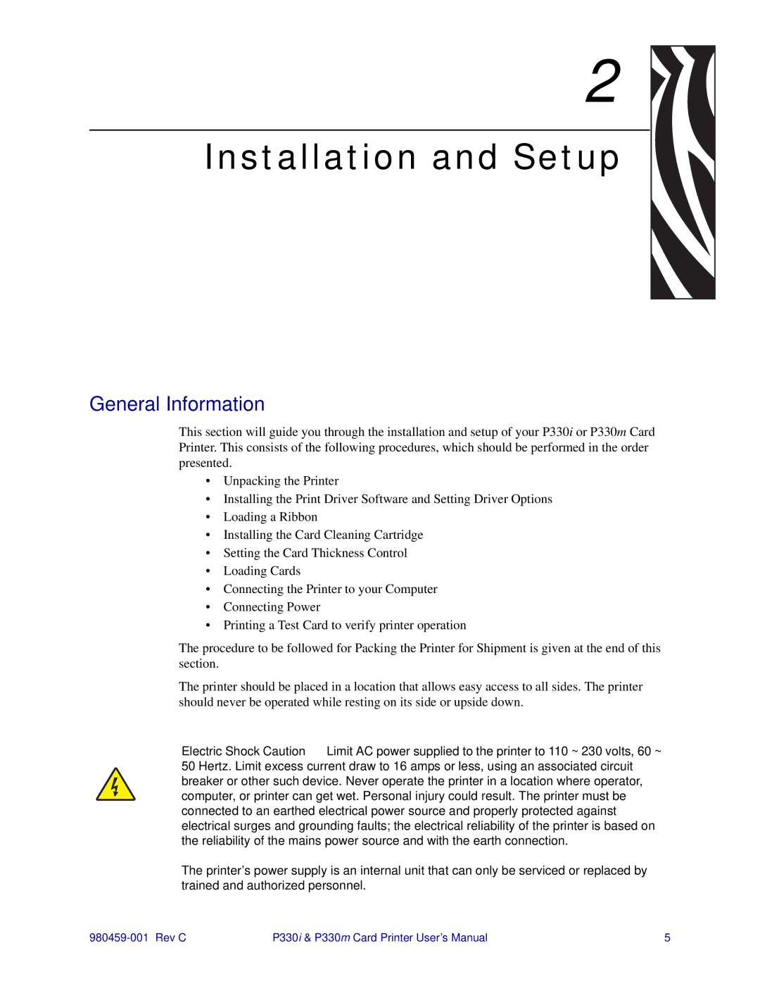 Zebra Technologies P330m, P330i user manual Installation and Setup, General Information 