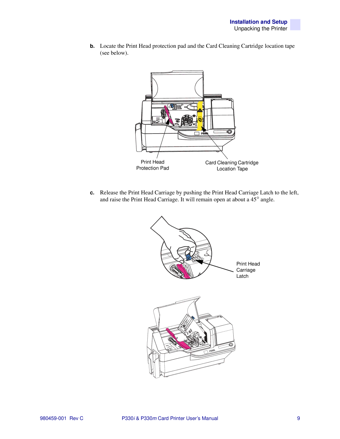 Zebra Technologies P330m, P330i user manual Print Head Carriage Latch 