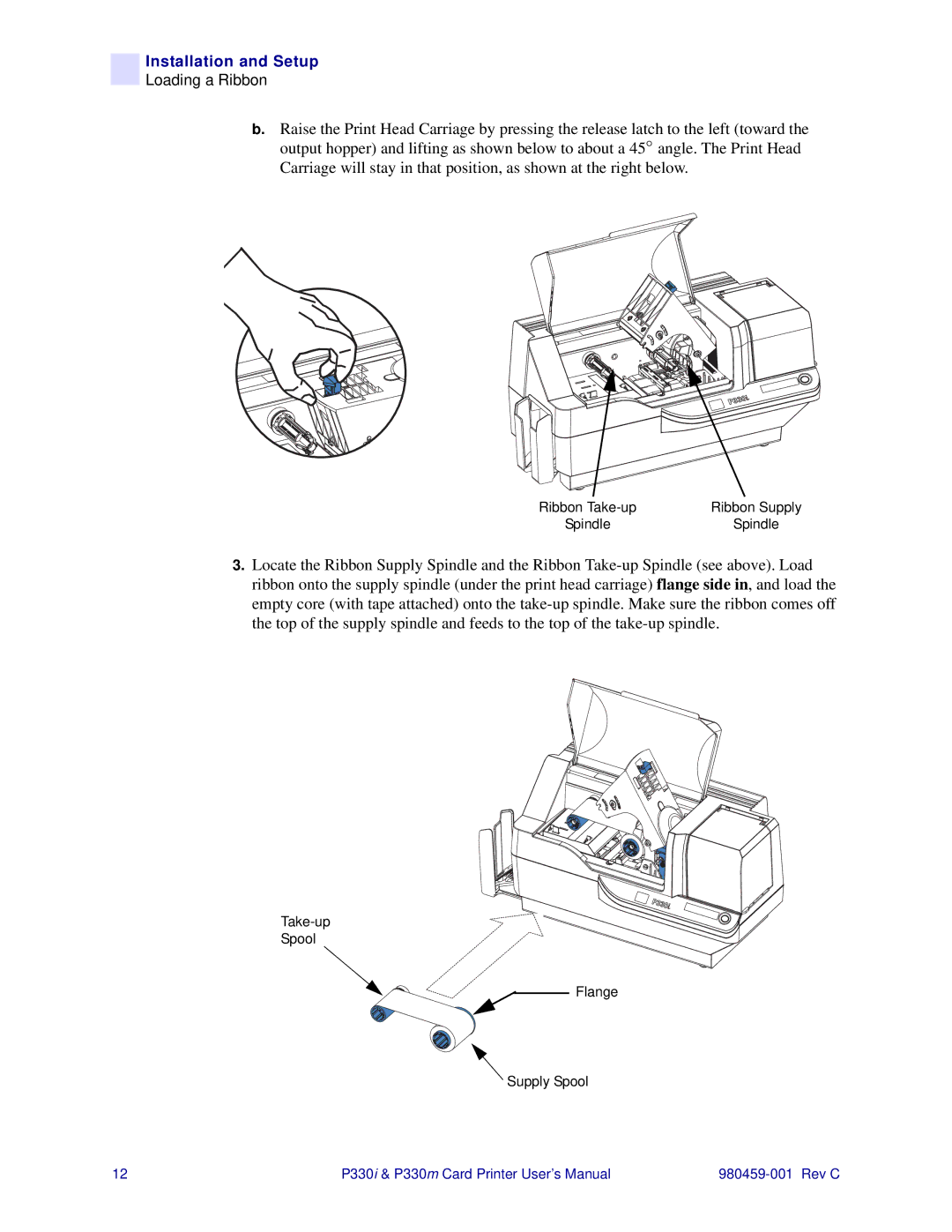 Zebra Technologies P330i, P330m user manual Take-up Spool Flange Supply Spool 