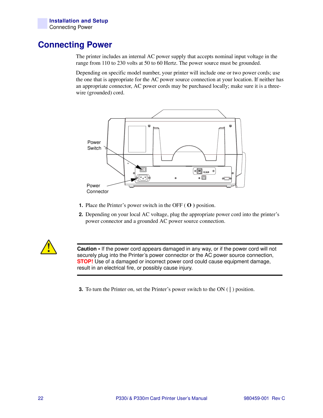 Zebra Technologies P330i, P330m user manual Connecting Power 