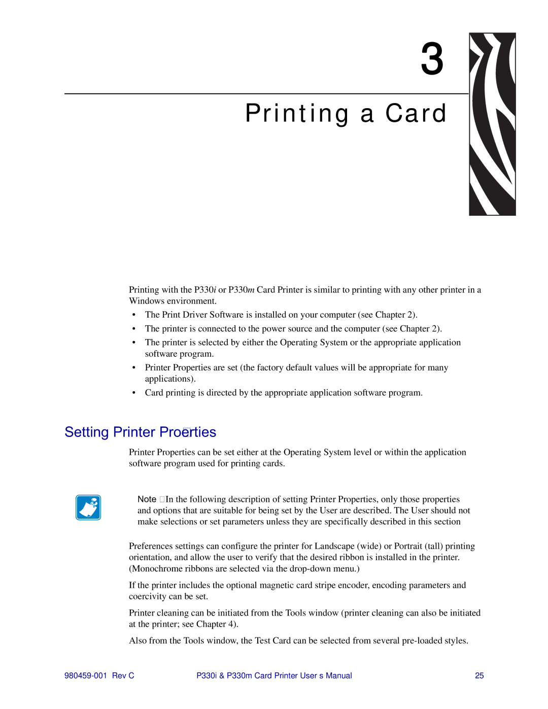 Zebra Technologies P330m, P330i user manual Printing a Card, Setting Printer Properties 