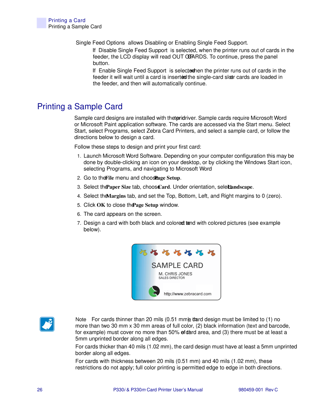 Zebra Technologies P330i, P330m user manual Printing a Sample Card 