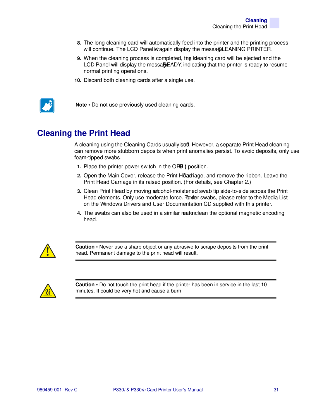 Zebra Technologies P330m, P330i user manual Cleaning the Print Head 