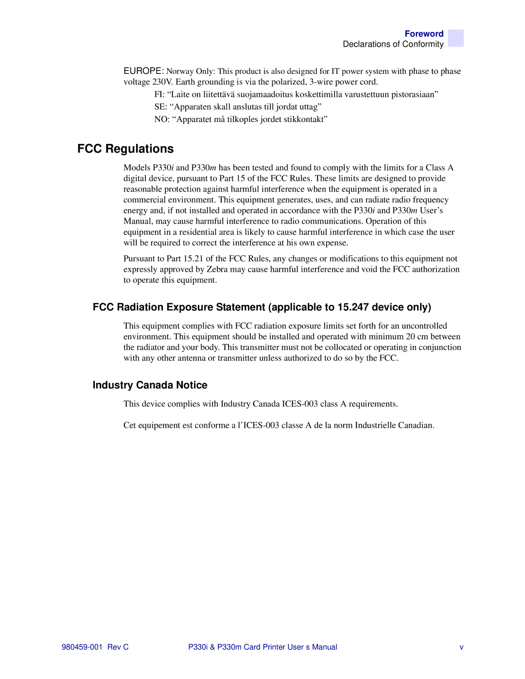 Zebra Technologies P330m, P330i user manual FCC Regulations, Declarations of Conformity 