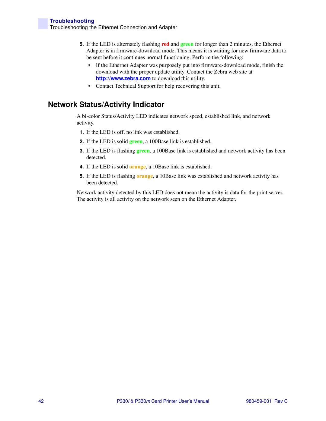 Zebra Technologies P330i, P330m user manual Network Status/Activity Indicator 