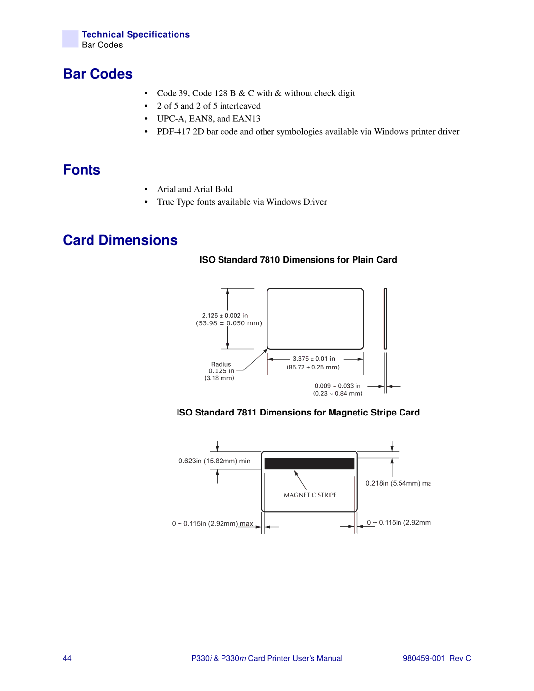 Zebra Technologies P330i, P330m user manual Bar Codes, Fonts, Card Dimensions 