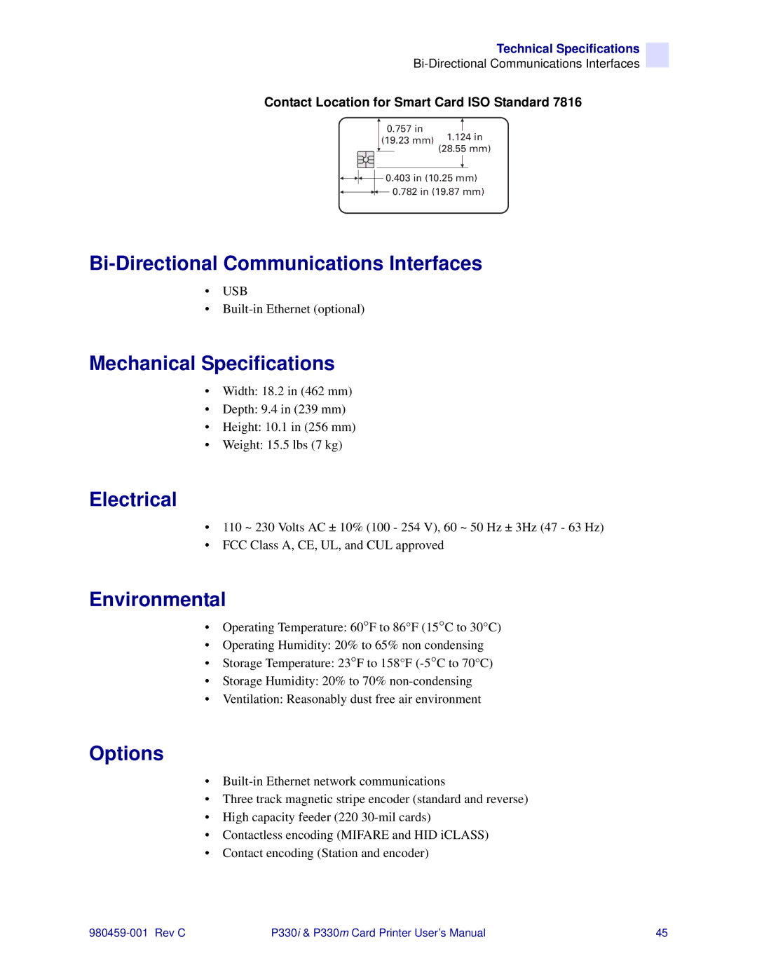 Zebra Technologies P330m Bi-Directional Communications Interfaces, Mechanical Specifications, Electrical, Environmental 