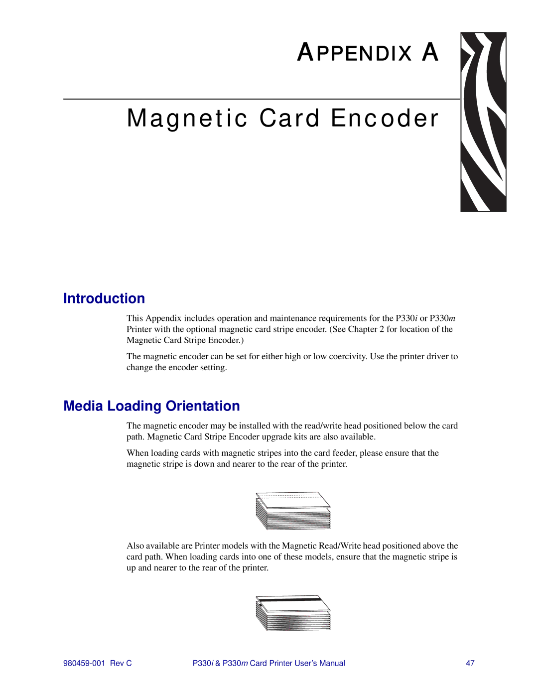 Zebra Technologies P330m, P330i user manual Magnetic Card Encoder, Introduction, Media Loading Orientation 