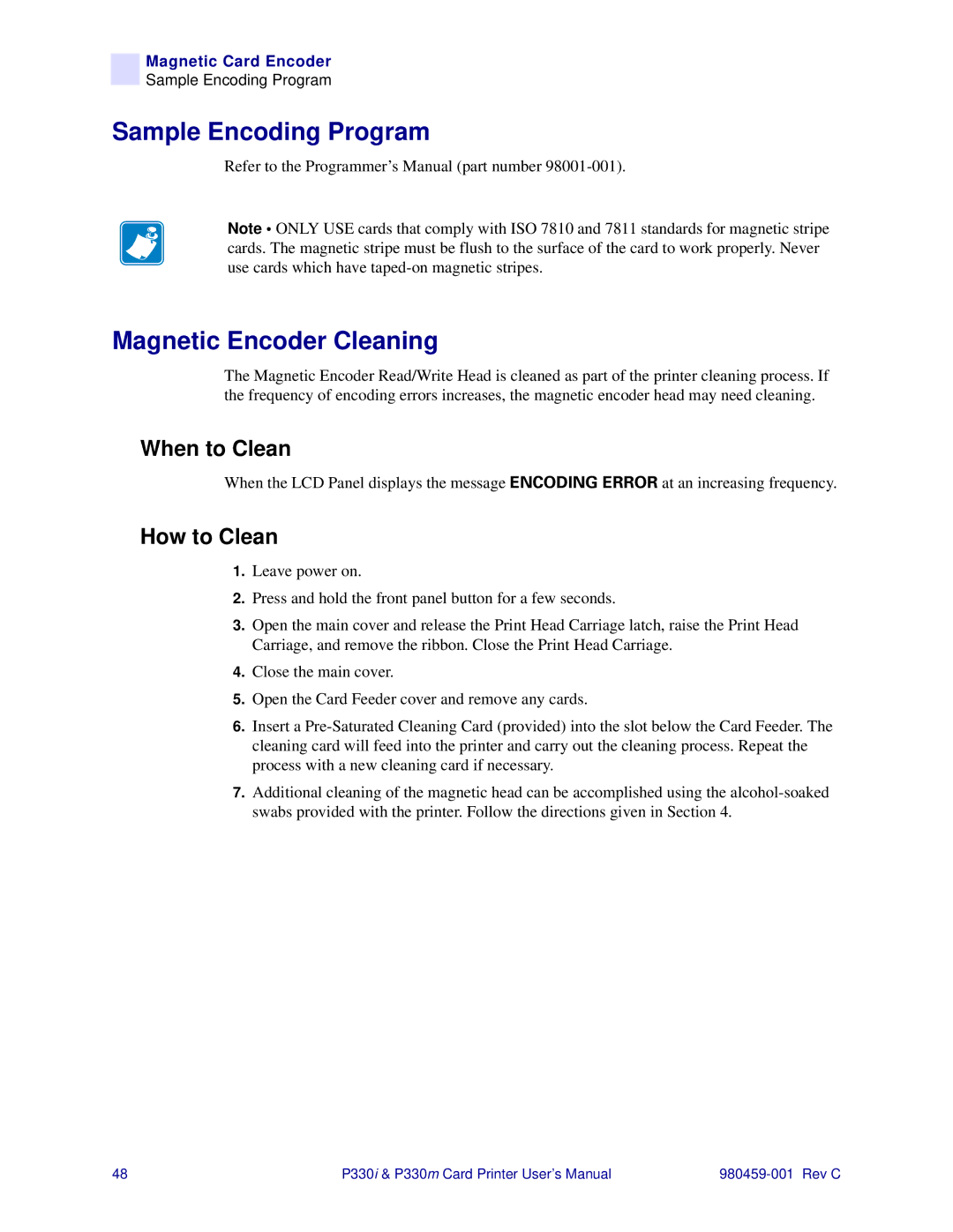 Zebra Technologies P330i, P330m user manual Sample Encoding Program, Magnetic Encoder Cleaning 