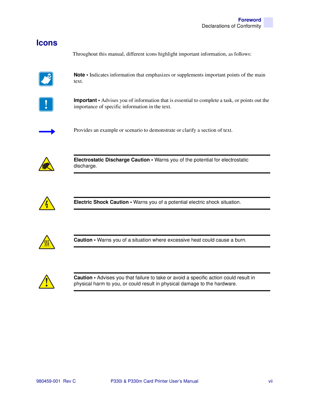 Zebra Technologies P330m, P330i user manual Icons 