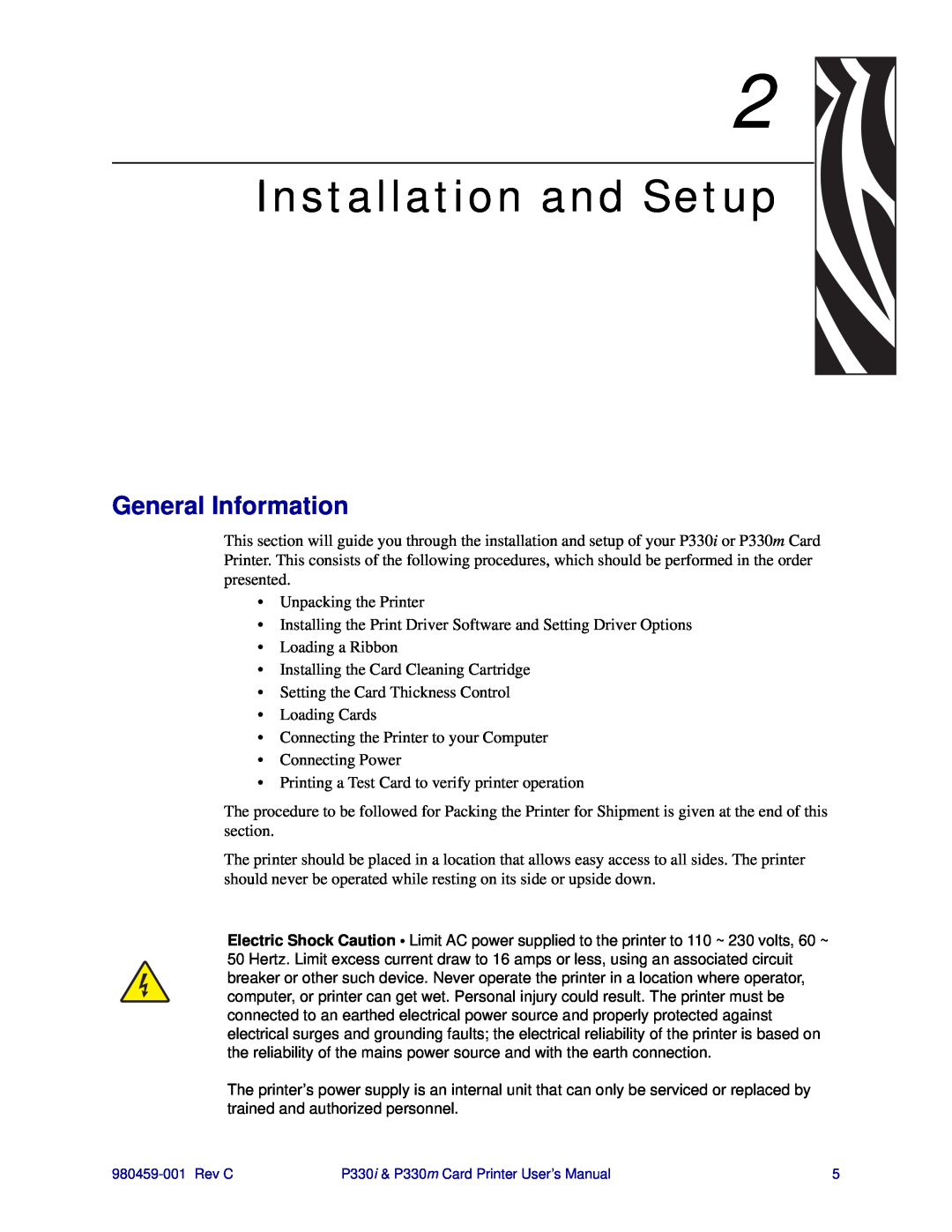Zebra Technologies P330m, P330i user manual Installation and Setup, General Information 