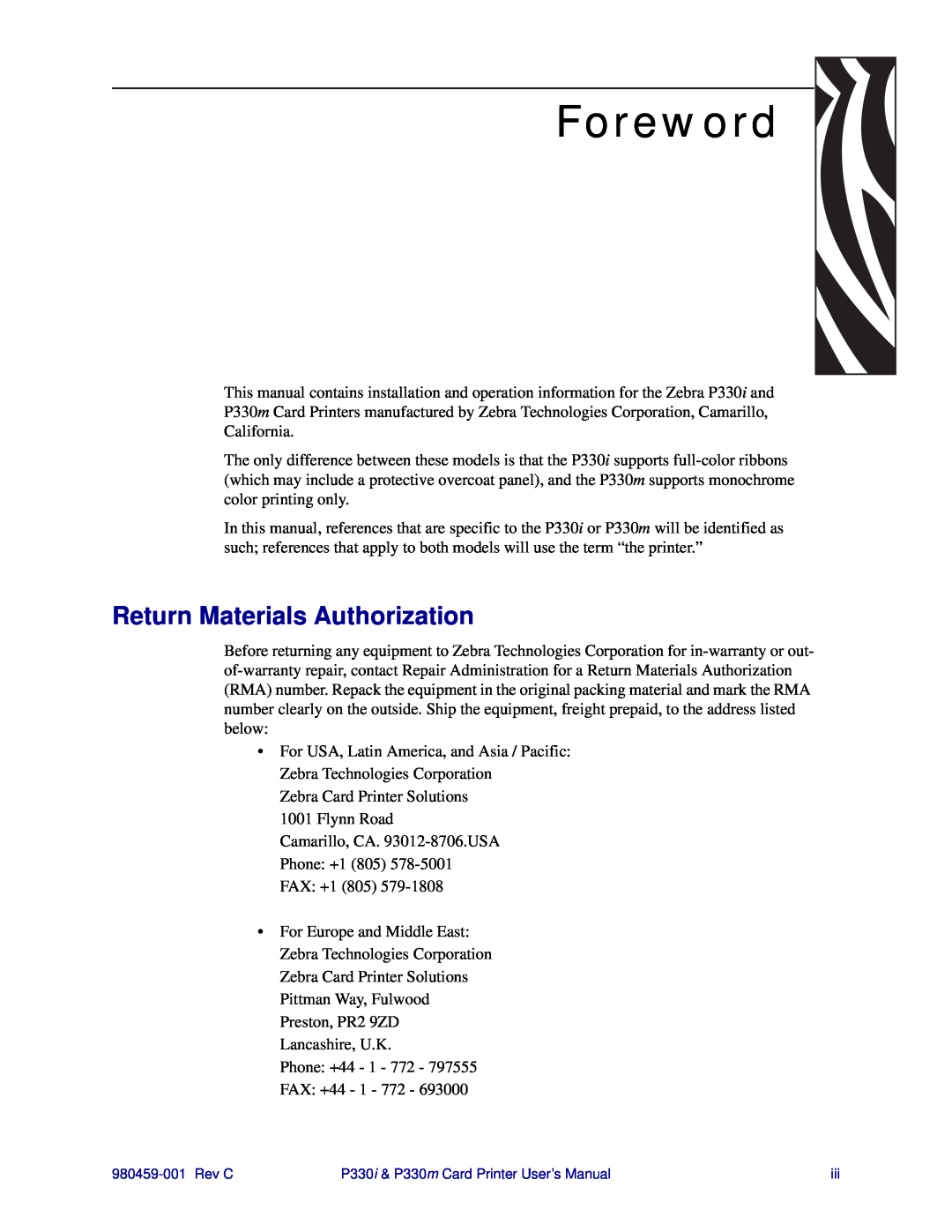 Zebra Technologies P330m, P330i user manual Foreword, Return Materials Authorization 