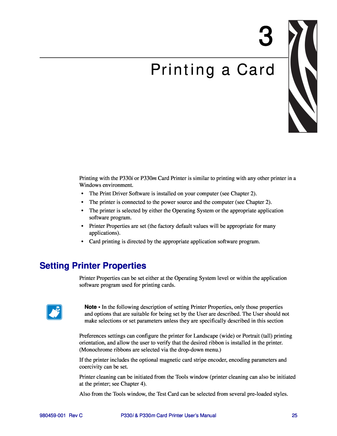 Zebra Technologies P330m, P330i user manual Printing a Card, Setting Printer Properties 