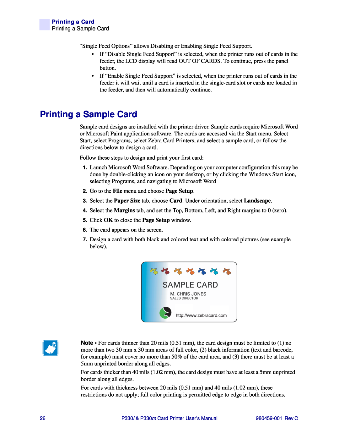Zebra Technologies P330i, P330m user manual Printing a Sample Card 