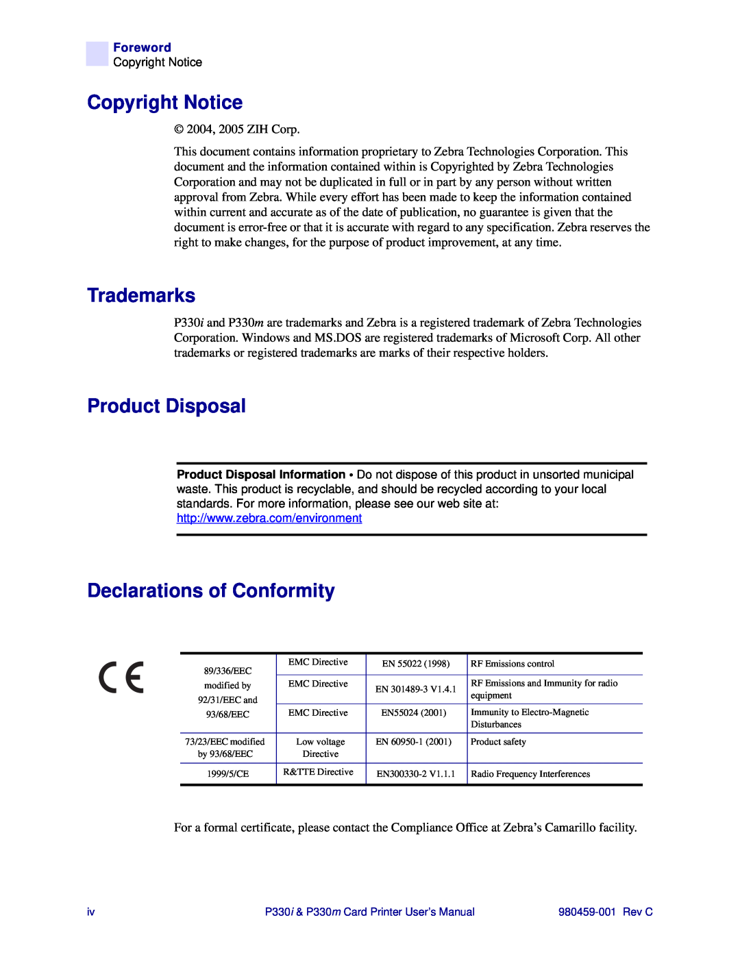 Zebra Technologies P330i, P330m user manual Copyright Notice, Trademarks, Product Disposal, Declarations of Conformity 