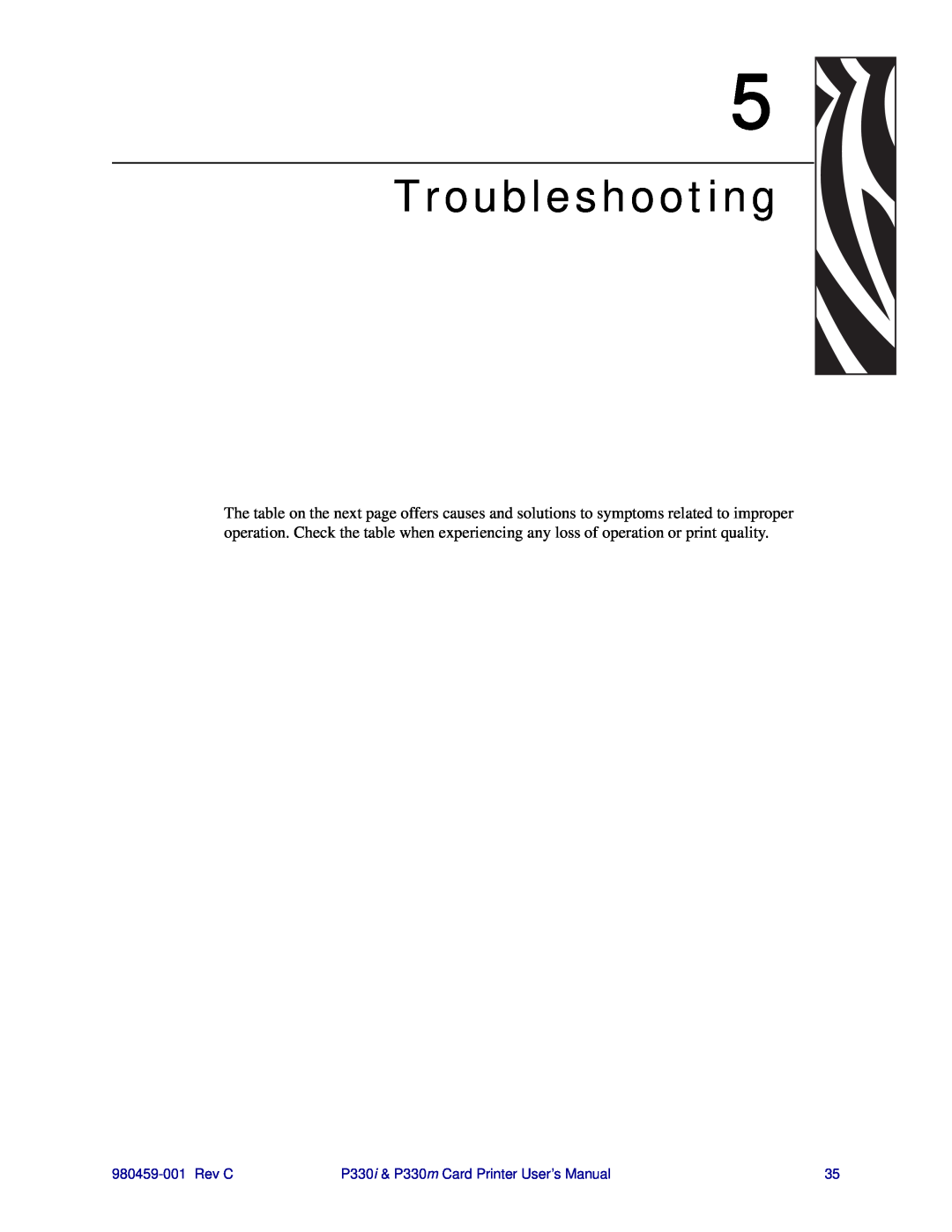 Zebra Technologies user manual Troubleshooting, Rev C, P330i & P330m Card Printer User’s Manual 