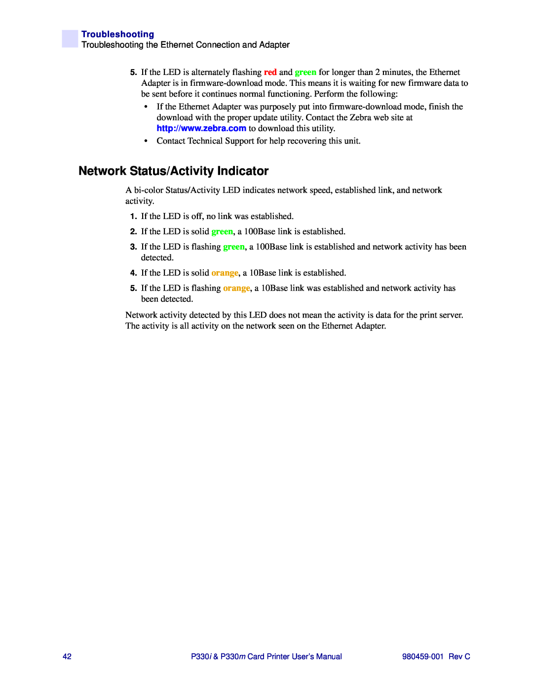 Zebra Technologies P330i, P330m user manual Network Status/Activity Indicator 