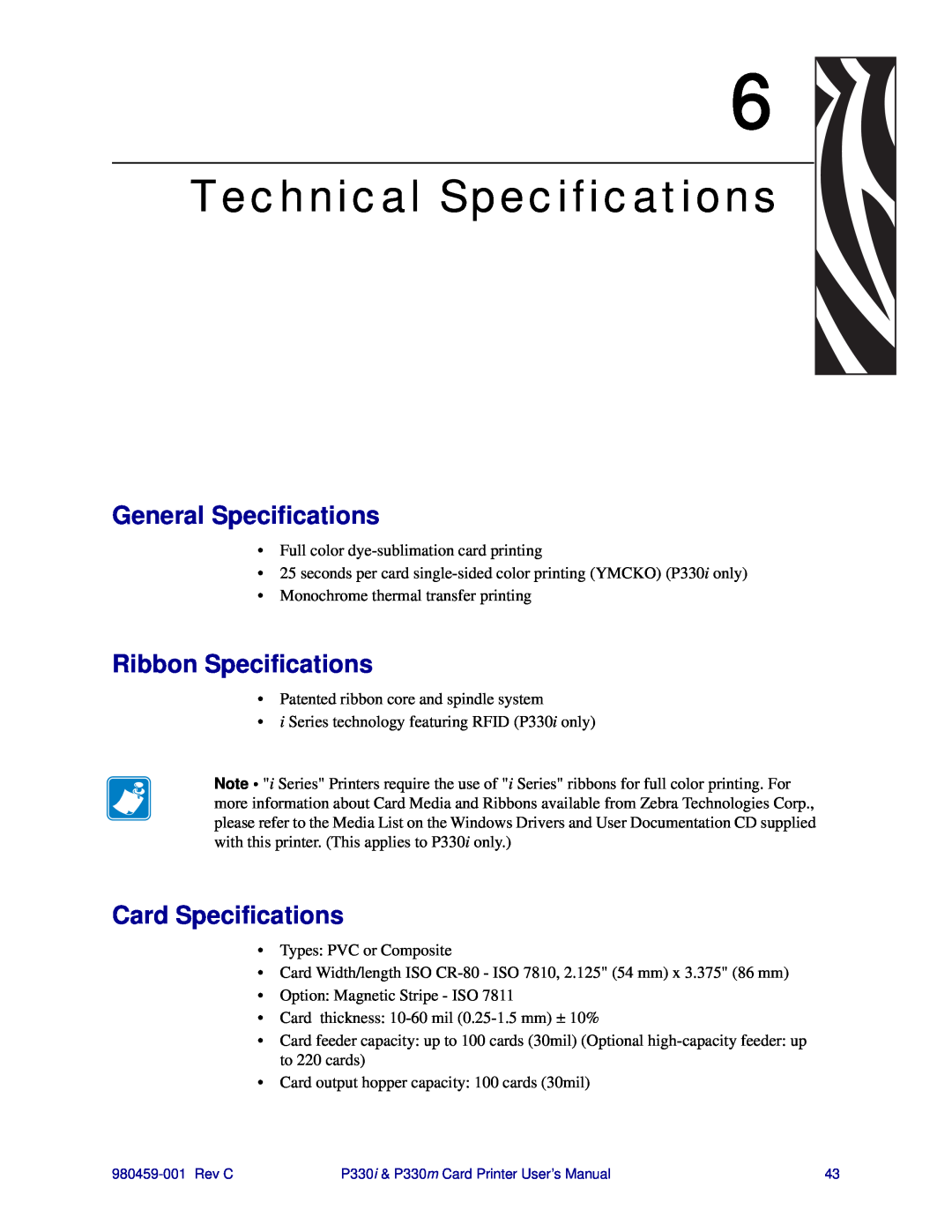 Zebra Technologies P330m Technical Specifications, General Specifications, Ribbon Specifications, Card Specifications 