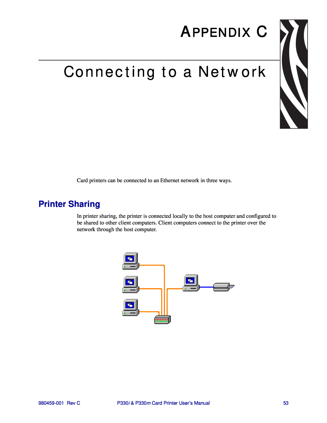 Zebra Technologies P330m, P330i user manual Connecting to a Network, Appendix C, Printer Sharing, Rev C 