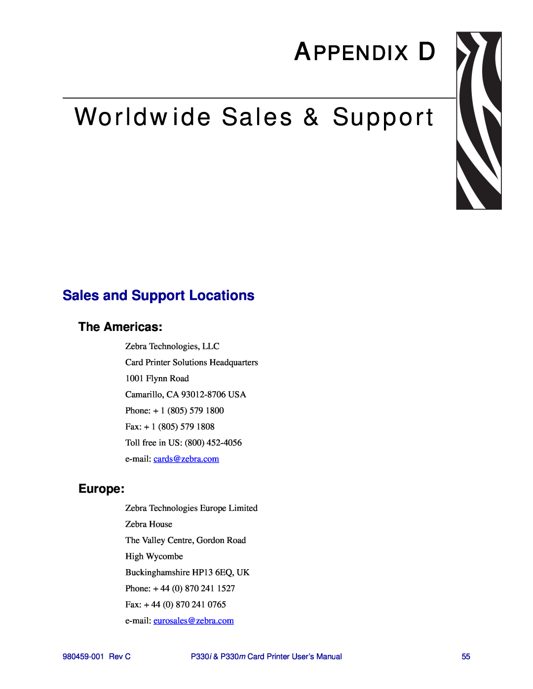 Zebra Technologies P330m, P330i Worldwide Sales & Support, Appendix D, Sales and Support Locations, The Americas, Europe 