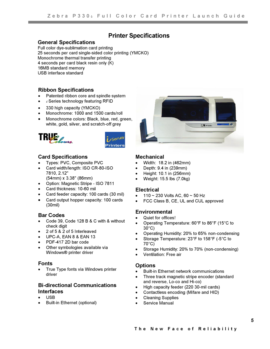 Zebra Technologies P330IIII manual Printer Specifications 