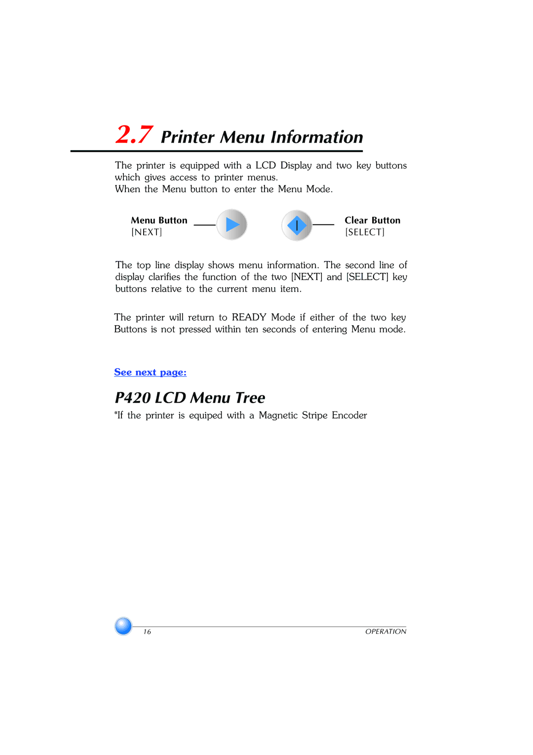 Zebra Technologies user manual Printer Menu Information, P420 LCD Menu Tree 