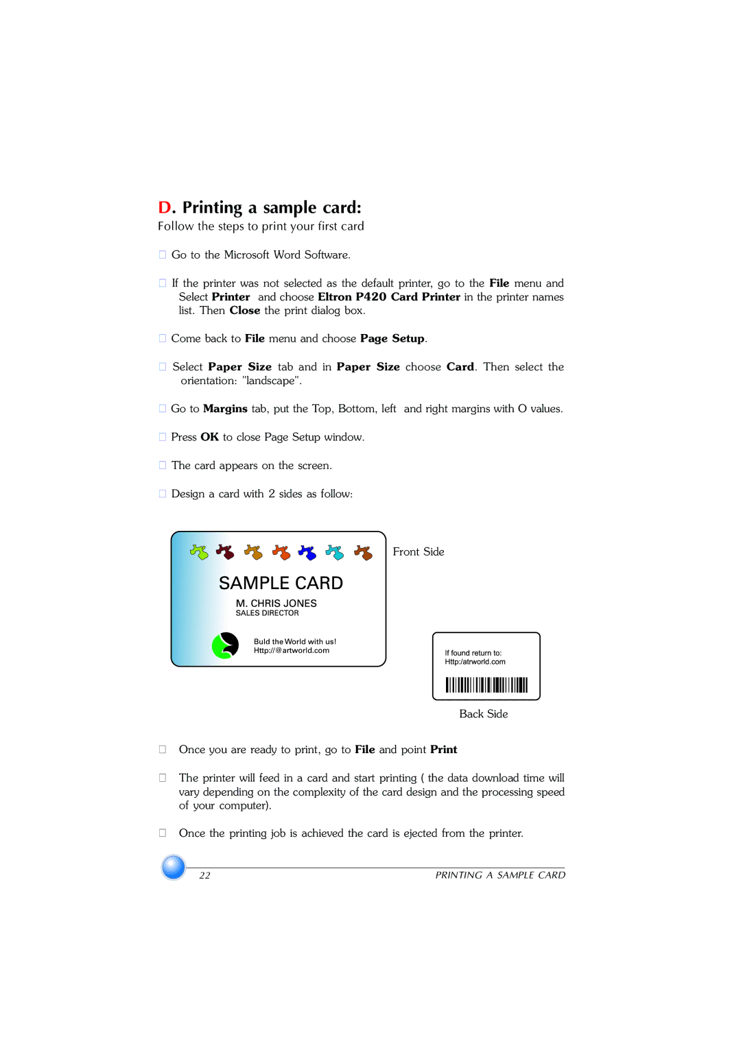 Zebra Technologies P420 user manual Printing a sample card 