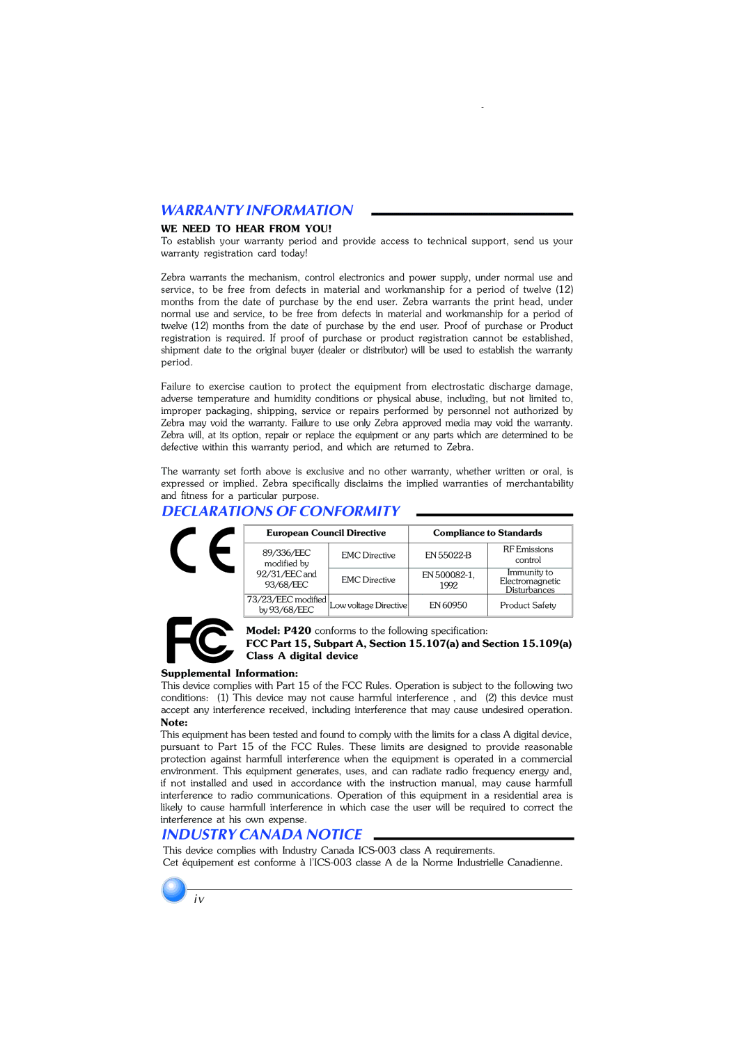 Zebra Technologies P420 user manual Warranty Information, Declarations of Conformity, Industry Canada Notice 