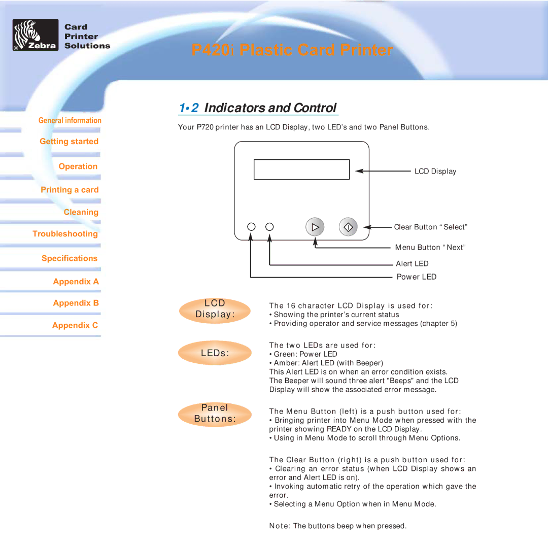 Zebra Technologies P420i user manual Indicators and Control, Display 