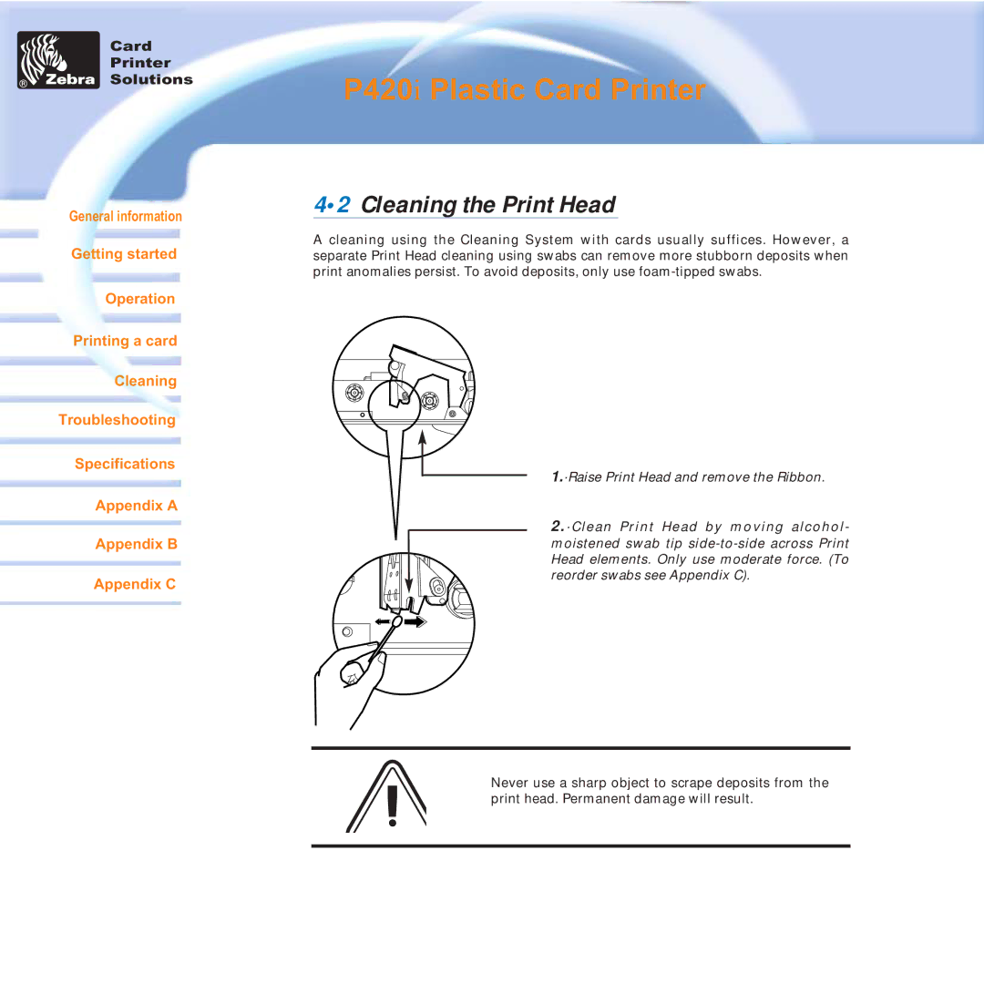 Zebra Technologies P420i user manual Cleaning the Print Head 